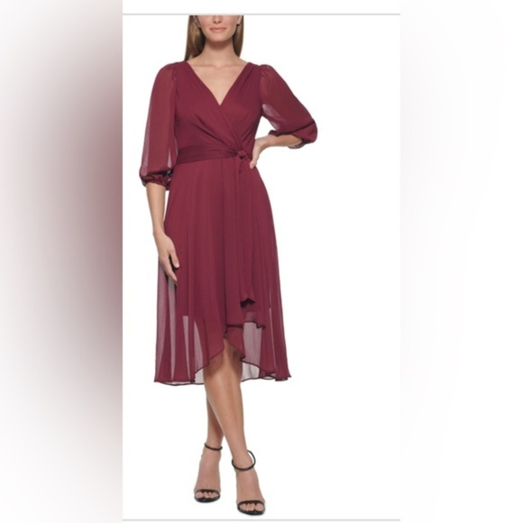 DKNY Maroon Pleated Belted Balloon Sleeve Surplice‎ MIDI Faux Wrap dress size 2 - Picture 1 of 10